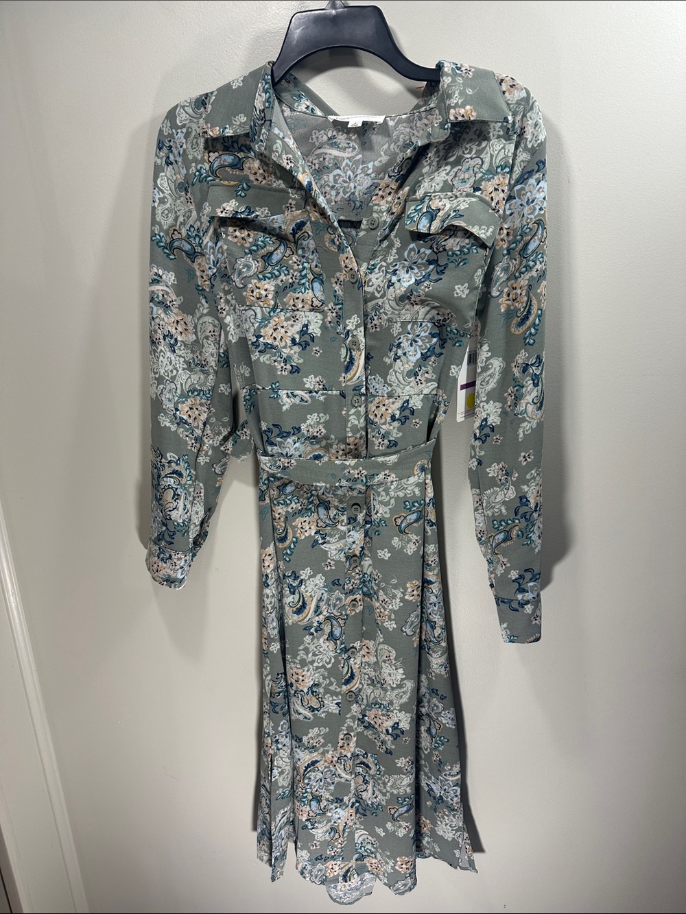 NWT Lucky Brand Floral Paisley Long-Sleeve Shirt Dress in Sage Size Small